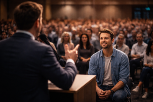 Speaker addressing a broad audience with one ideal customer clearly in focus

