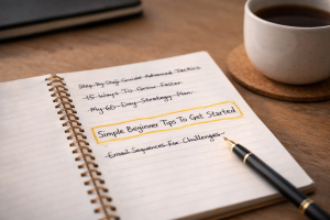 Notebook showing one simple content idea chosen over several complicated ideas
