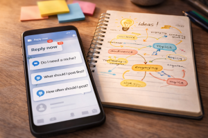 2200326 Smartphone and notebook showing how audience questions can become content ideas.