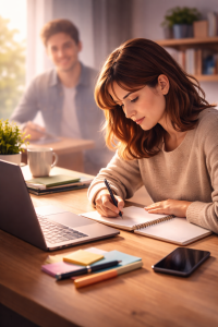 2220326 Writer creating content with focus on one ideal reader in a cozy workspace.