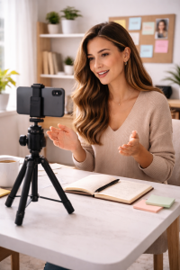 Creator filming an authentic social media video in a relaxed home setting
