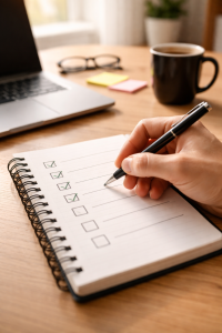 Hand checking off a simple action step on a to-do list beside a laptop
