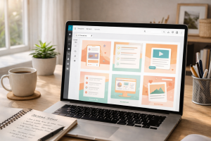 Laptop showing reusable social media design templates for beginner content creators

