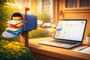Mailbox and digital inbox imagery representing building an email list.