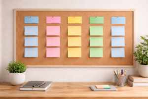 3080326 olor-coded sticky notes organized in columns representing content pillars