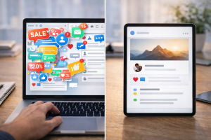 A comparison of a crowded content layout and a cleaner design with more white space
