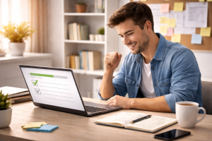 A beginner celebrating a small early win after completing the first step of an irresistible offer process.
