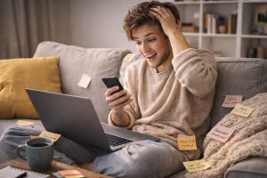 Content creator feeling overwhelmed while planning relatable social media content.

