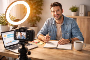 Creator recording a short online workshop for a beginner funnel