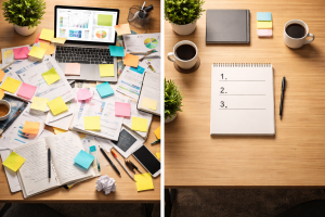 Cluttered desk beside a simple organized plan showing the difference between too much information and clear guidance

