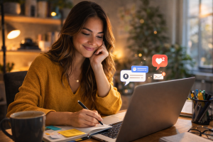 Content creator reacting to a small online win that helps build trust with the audience.
