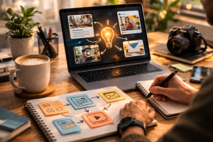 One content idea being repurposed into several formats including blog, social, email, and video
