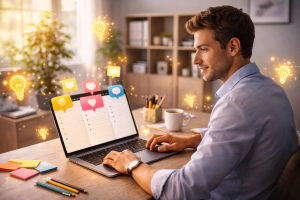 3200326 Creator using prompts and notes to generate new content ideas at a laptop.