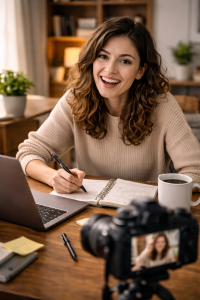Content creator showing personality while working in a cozy space
