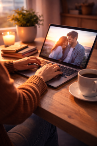 3220326 Person writing a personal story on a laptop in a warm and reflective workspace.