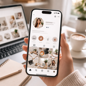 3250326 Smartphone showing a polished social media bio and profile layout