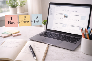 Organized content planning desk showing a simple step-by-step workflow

