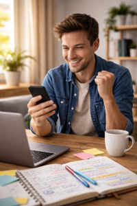 Content creator reacting happily to a small but meaningful win online