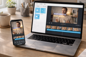  Beginner video editing setup with phone and laptop for creating short-form social media content

