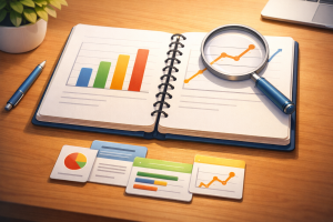 Simple charts and a magnifying glass representing tracking marketing performance data.
