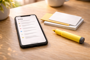 Notes app and index cards used to capture content ideas for later.