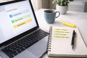 Desk setup showing practical content planning for helpful social media posts.