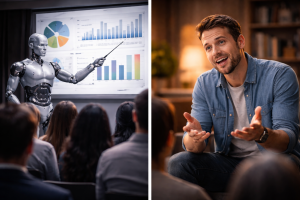 Comparison between cold robotic content and warm human storytelling