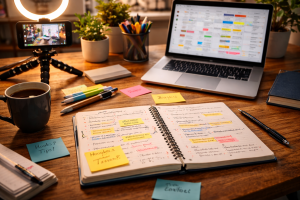 Behind-the-scenes view of a creator&rsquo;s workspace showing the process used to create content that builds trust.
