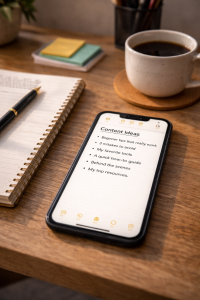 Phone notes app and notebook used to collect content ideas for future posts
