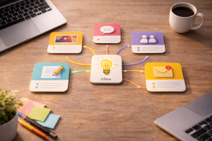 4200326 One content idea expanding into multiple related post ideas in a visual chain.