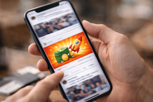 Smartphone screen with one social media post standing out from a fast-moving feed
