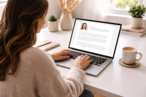 4250326 Creator editing clear readable content on a laptop in a clean workspace