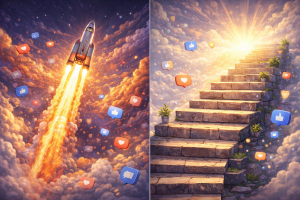 Visual comparison between viral growth and steady long-term content growth.
