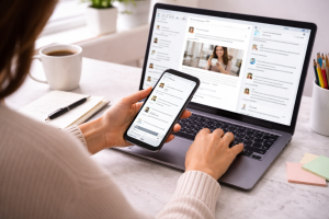 Person engaging with their audience through social media conversations
