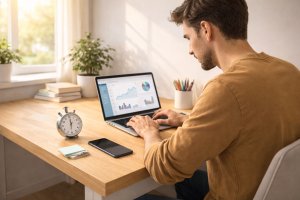 4280326 Entrepreneur using focused work time and scheduled engagement as part of a weekly marketing plan