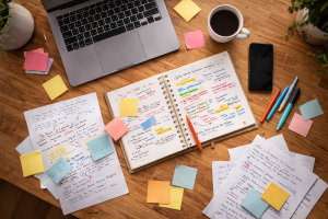 Behind-the-scenes view of a messy desk used for planning content

