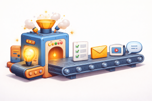 A lightbulb idea being turned into multiple content formats on a conveyor belt.
