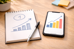 Simple metric tracking with a circled number and a basic growth arrow.