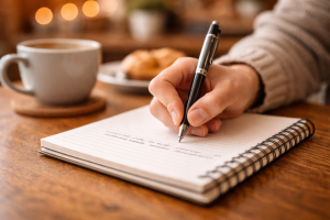 5080326 A hand writing a single sentence on a notepad to create a clear message.