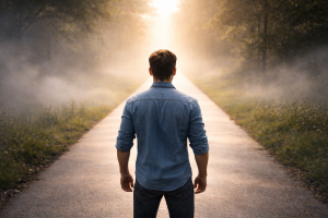 A person confidently stepping onto a clear path after moving through uncertainty and hesitation.