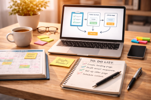 Weekend planning desk setup for building a beginner sales funnel
