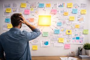 Creator surrounded by scattered content ideas with one clear core message standing out
