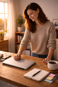 Content creator ending a work session and stepping away from the desk with healthy boundaries
