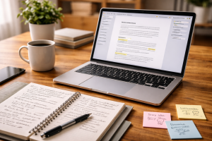 Content planning desk with examples, notes, and a drafted blog post
