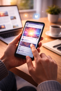 5220326 Reader engaging with a post on a phone after reaching the end of the content.