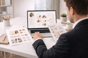 5250326 Professional reviewing brand materials and content plan for a polished online presence