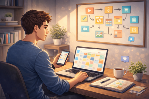 Confident creator using a clear content strategy in a calm and organized workspace.

