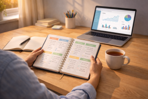 5280326 Person doing a weekly review and reset for their marketing plan