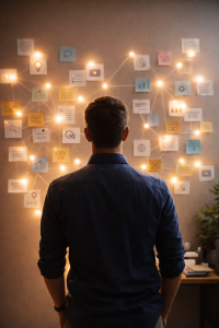 Creator surrounded by connected content ideas representing growth and trust
