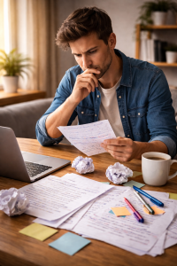 Content creator reviewing rough drafts and deleted ideas before publishing
